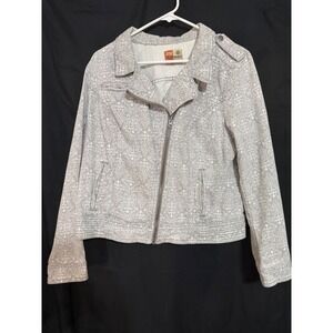 RuffHewn Womens Gray White Damask Moto Jacket Cotton Blend Size L Asymmetric Zip